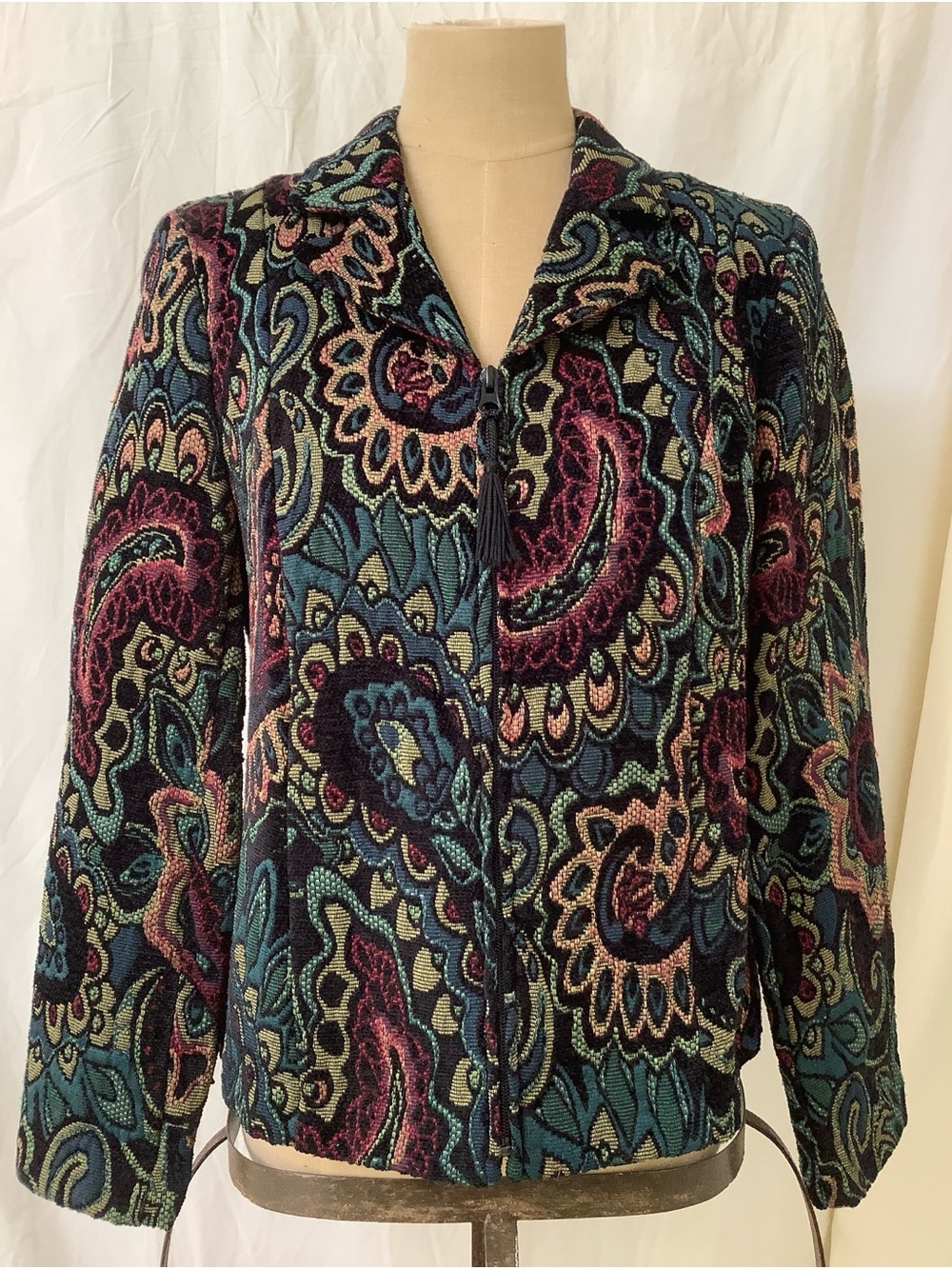 Molly & Maxx Jacket Top-Black Teal Green Raised Chenille Brocade Paisley-M